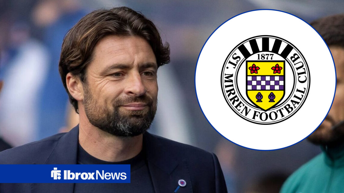 Rangers manger Russell Martin smiling, St Mirren badge in a circular inset.