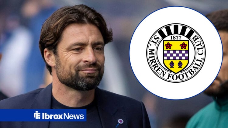 Rangers manger Russell Martin smiling, St Mirren badge in a circular inset.