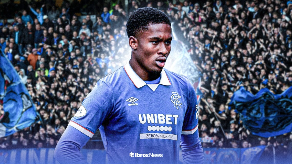 Jayden Meghoma in Rangers home kit at Ibrox.