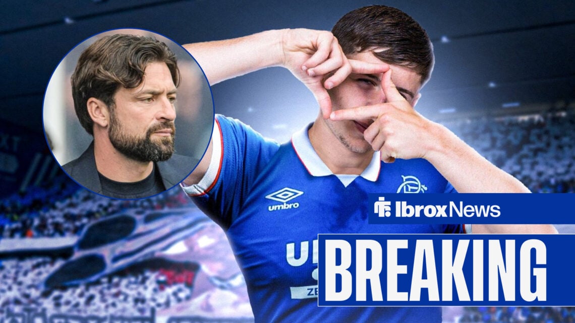 Rangers winger Mikey Moore celebrates as manager Russell Martin watches on.