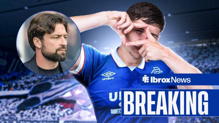 Rangers winger Mikey Moore celebrates as manager Russell Martin watches on.