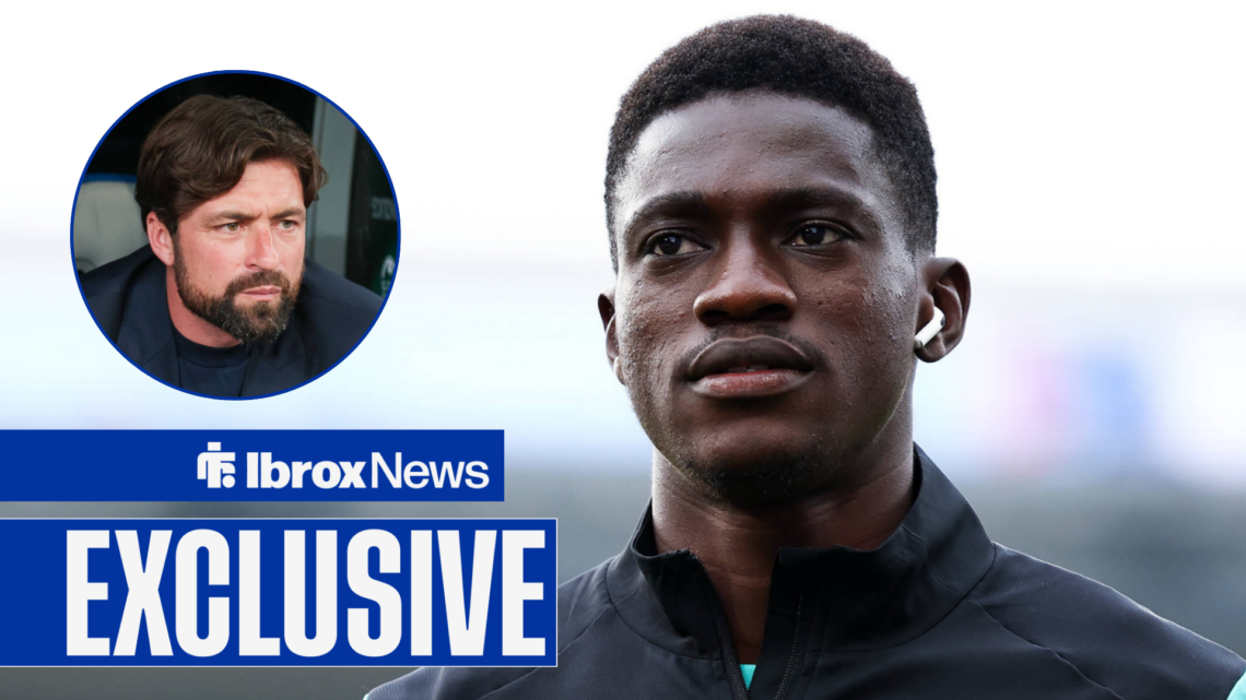 Rangers defender Nasser Djiga aims a worried glance at Russell Martin who stares back sternly from a circular inset.