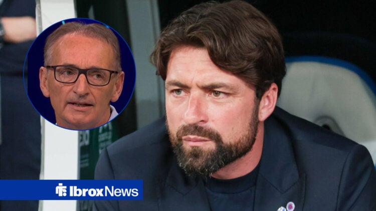 Pat Nevin on punditry duties for the BBC in a circular inset, Russell Martin sat in the dugout.