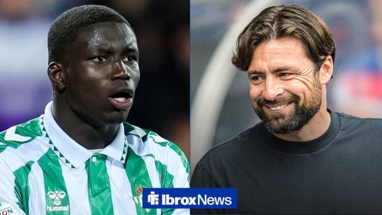 Rangers manager Russell Martin smiles at transfer target Nobel Mendy.