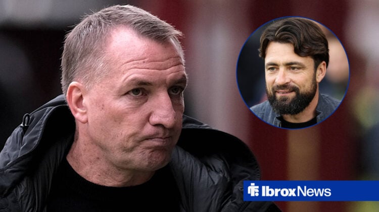 Brendan Rodgers looking concerned towards a circle frame image of Russell Martin smiling
