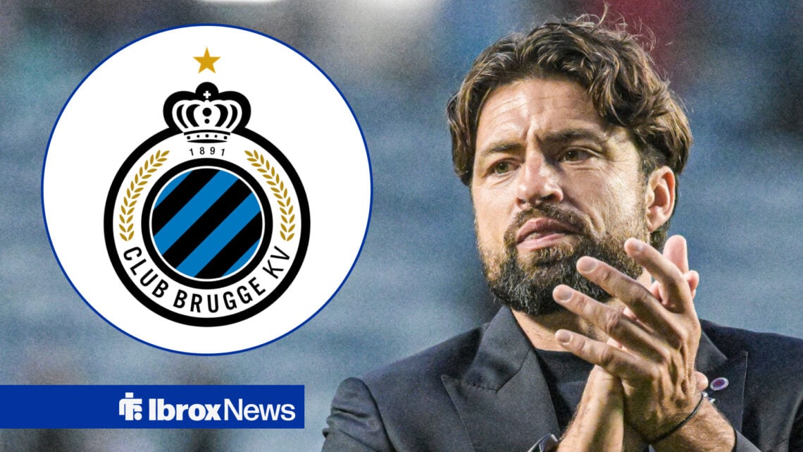 Russell Martin clapping at Rangers looking towards a Club Brugge badge