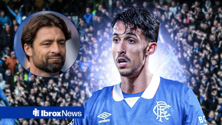 Girona striker Bojan Miovski in Rangers kit and Russell Martin in circular inset