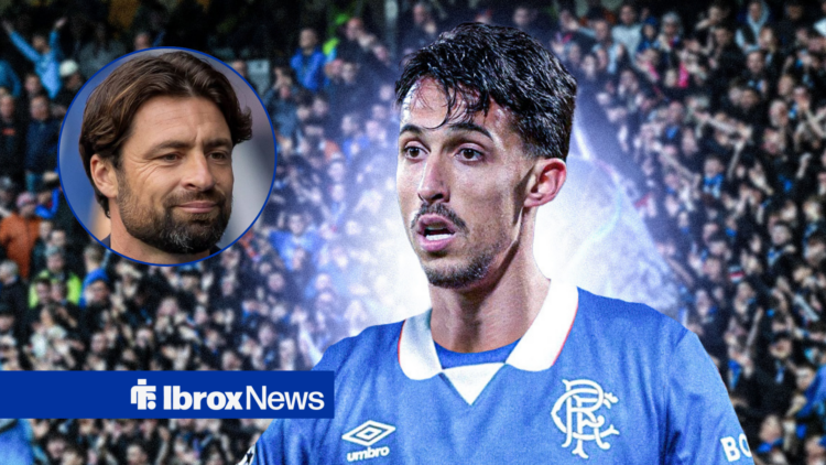 Girona striker Bojan Miovski in Rangers kit and Russell Martin in circular inset