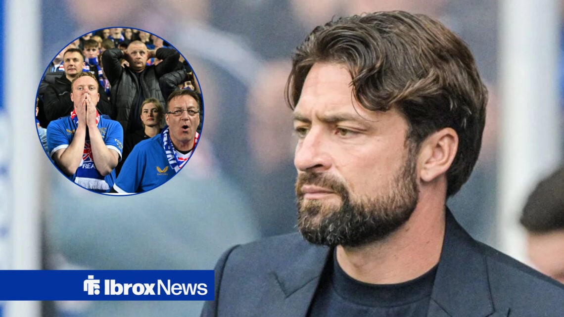 Russell Martin looking concerned towards Rangers fans looking frustrated in a circle frame