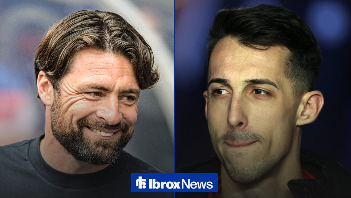 Russell Martin smiling on left, Bojan Miovski looking left at Martin on right.