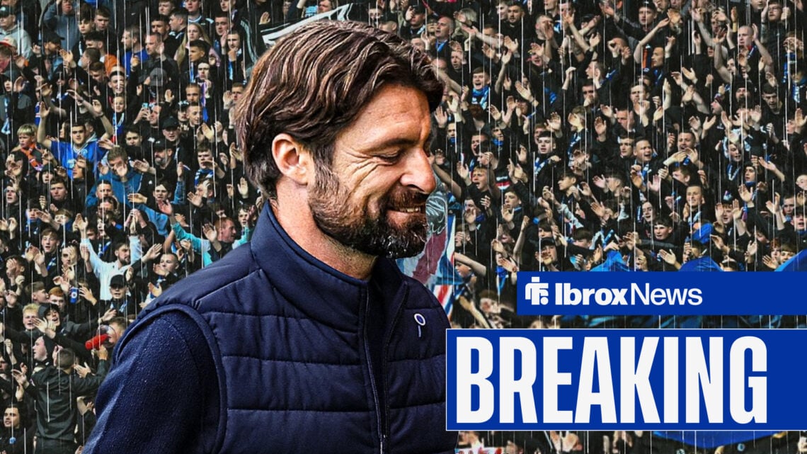 Breaking News as Rangers manager Russell Martin stares awkwardly at the floor as Rangers fans show anger behind him.