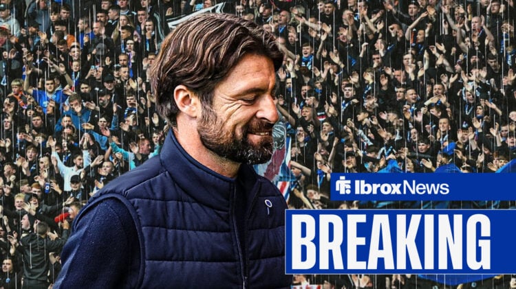 Breaking News as Rangers manager Russell Martin stares awkwardly at the floor as Rangers fans show anger behind him.