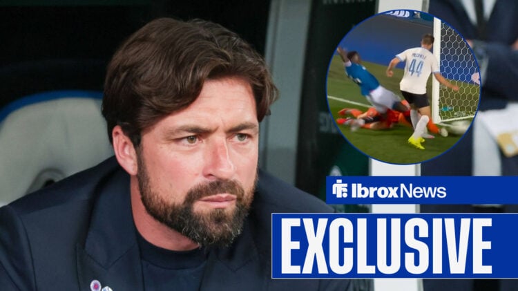 Rangers manager Russell Martin looking serious, screenshot insert of Rangers vs Club Brugge