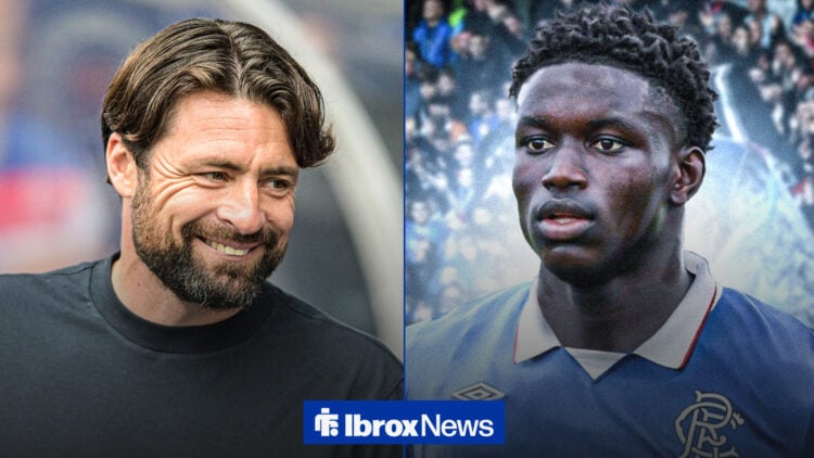 Rangers manager Russell Martin smiles at incoming Rangers defender Nobel Mendy.