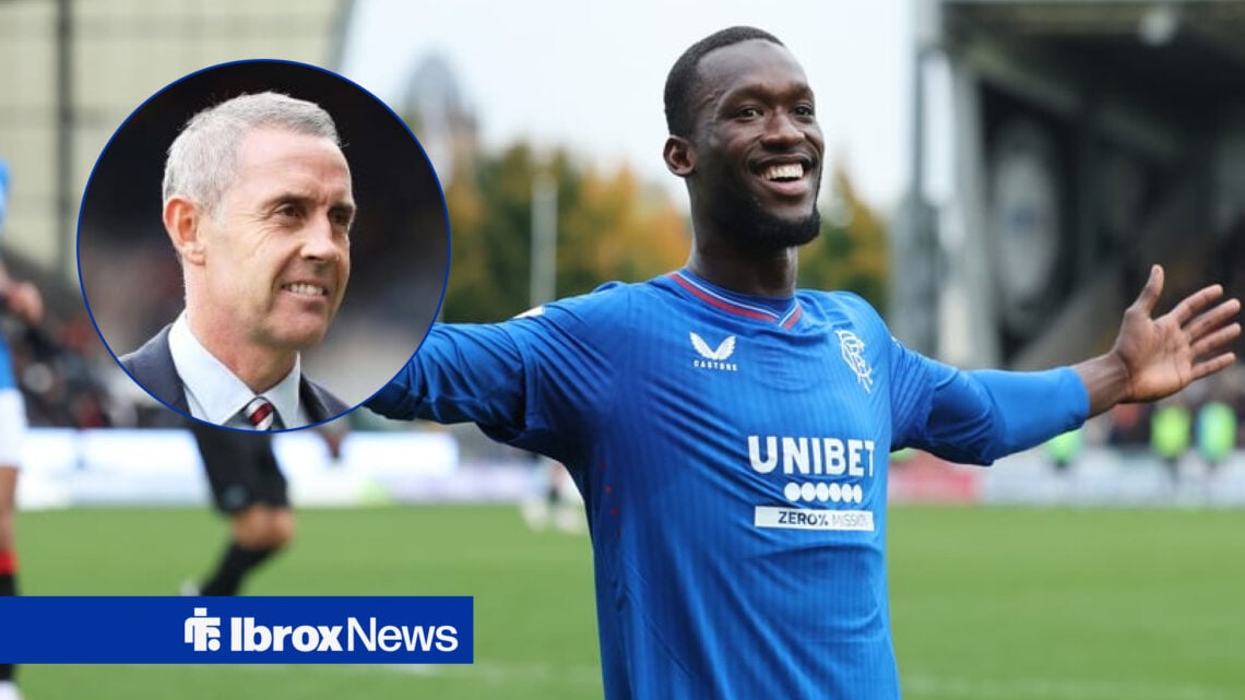 David Weir smiling in a circular inset, Abdallah Sima celebrating for Rangers.