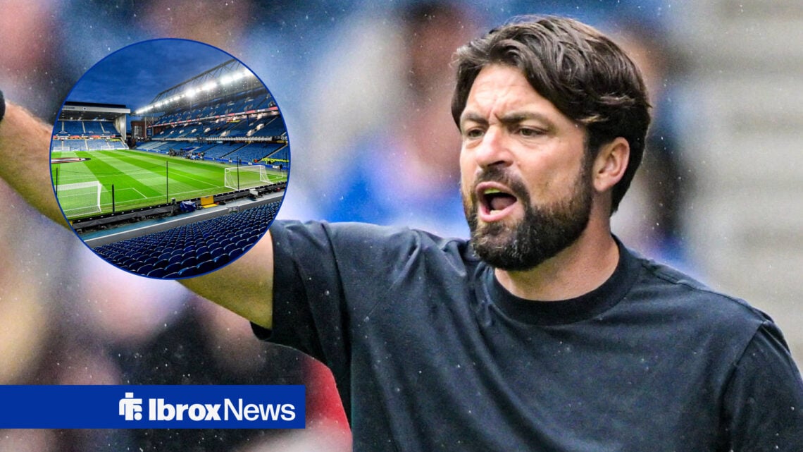 Rangers manager Russell Martin shouts on the touchline. A small picture of Ibrox is to the left of him.