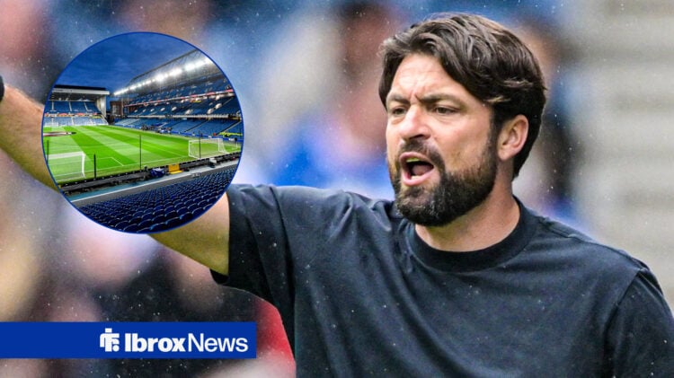 Rangers manager Russell Martin shouts on the touchline. A small picture of Ibrox is to the left of him.