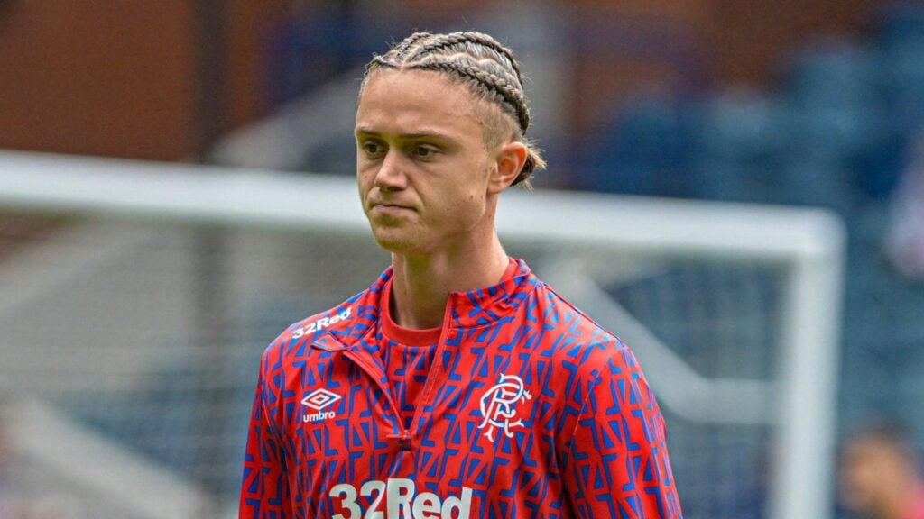 Rangers midfielder Thelo Aasgaard stares inot the distance while warming up for a game.