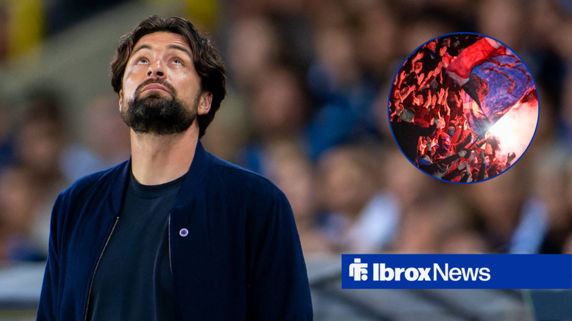 Russell Martin looks up to the sky with Rangers fans in circle insert