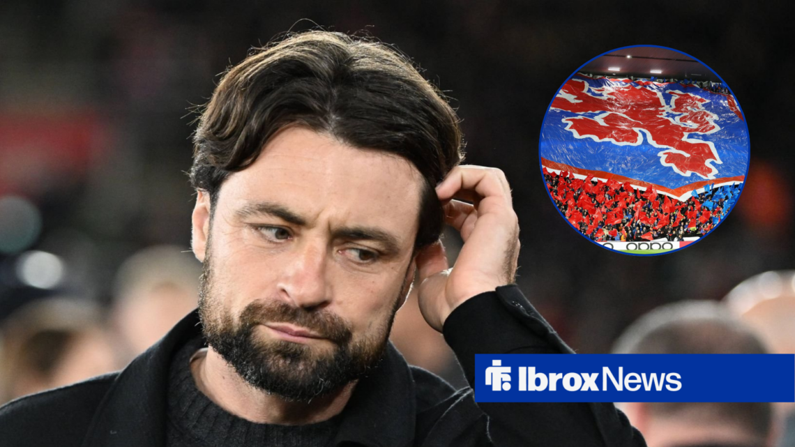 Russell Martin alongside a circle inset of Rangers fans holding a tifo.