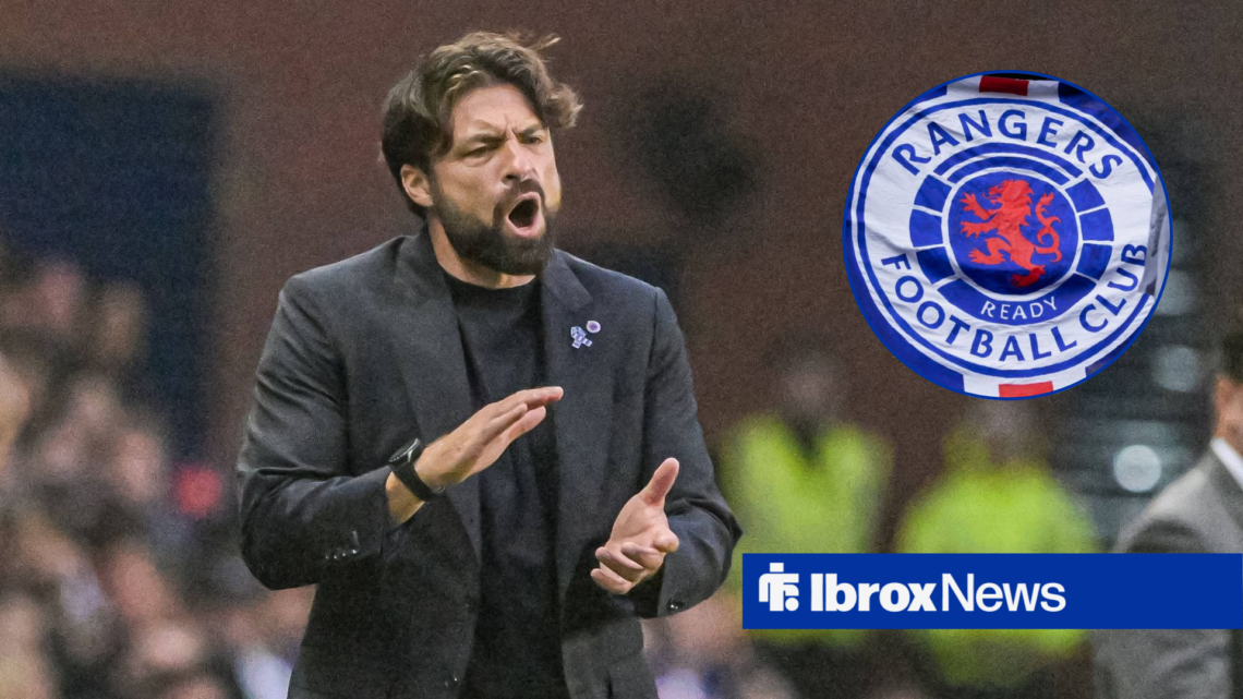 Russell Martin alongside a circle inset of the Rangers badge.