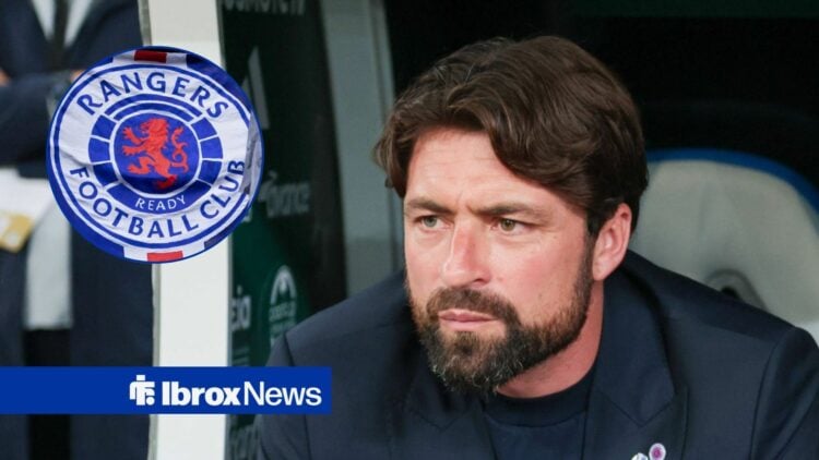 Russell Martin alongside a circle inset of the Rangers badge.