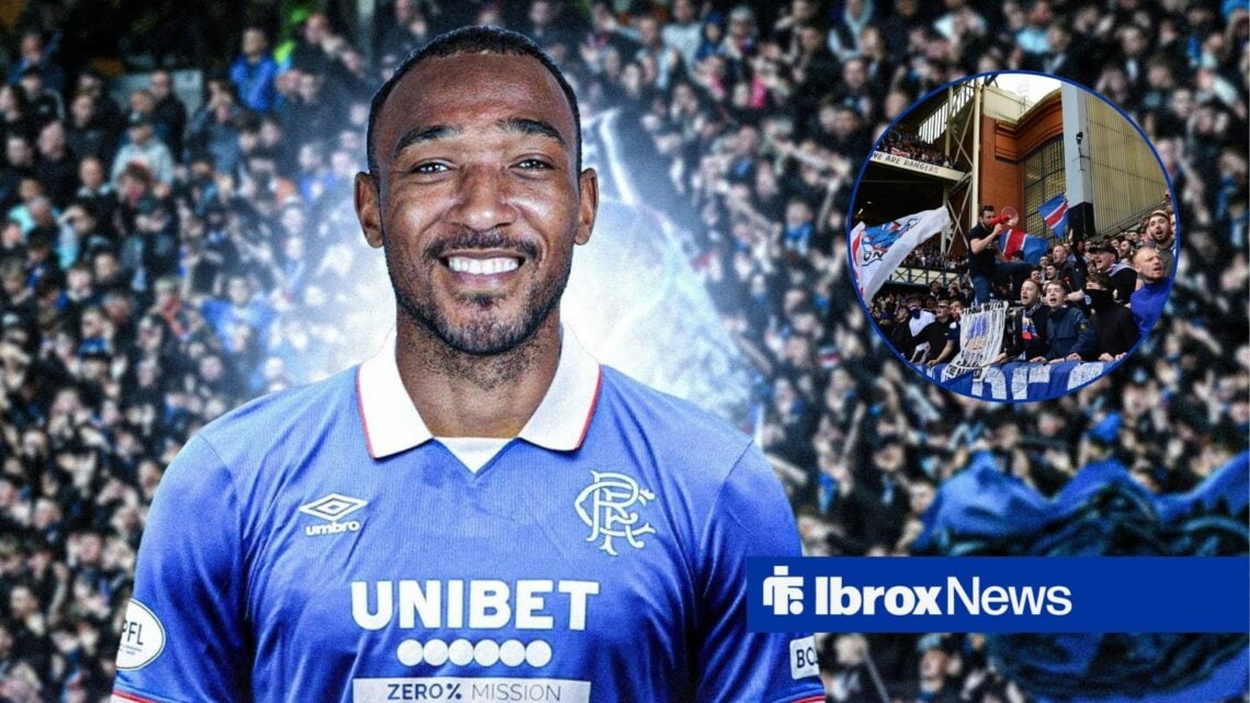 Derek Cornelius alongside a circle inset of Rangers fans.