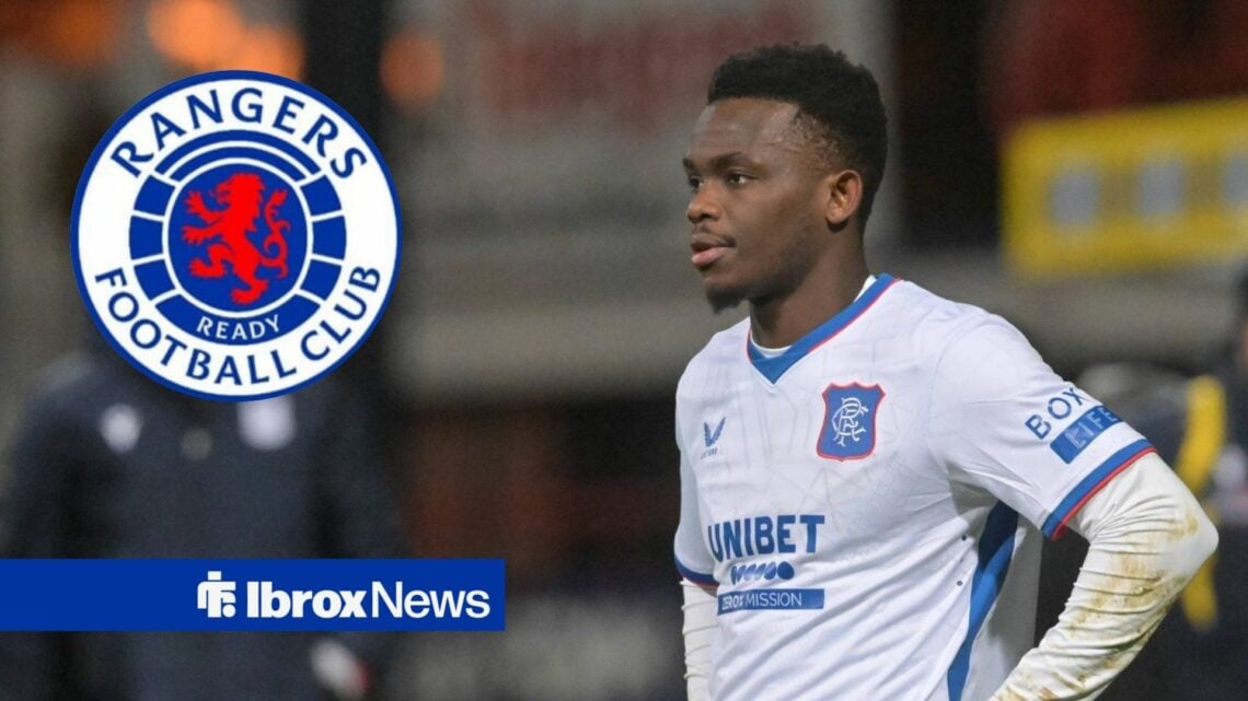 Rabbi Matondo on the right looking to the left with Rangers badge on the left.
