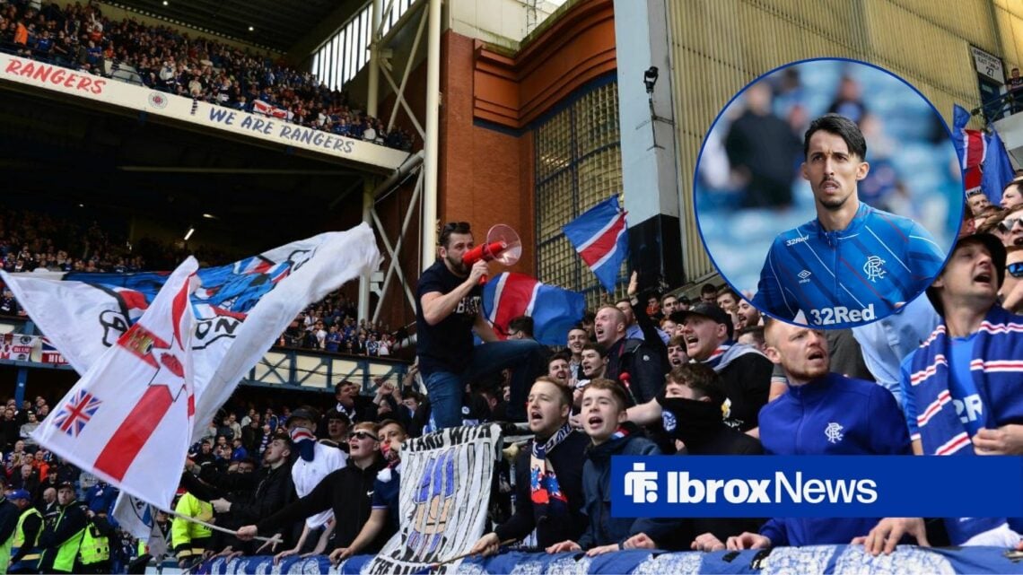 Rangers fans alongside a circle inset of Bojan Miovski.