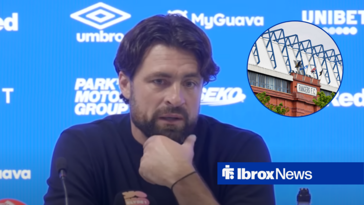 Russell Martin ponders, with an image of Ibrox in a circular frame alongside him