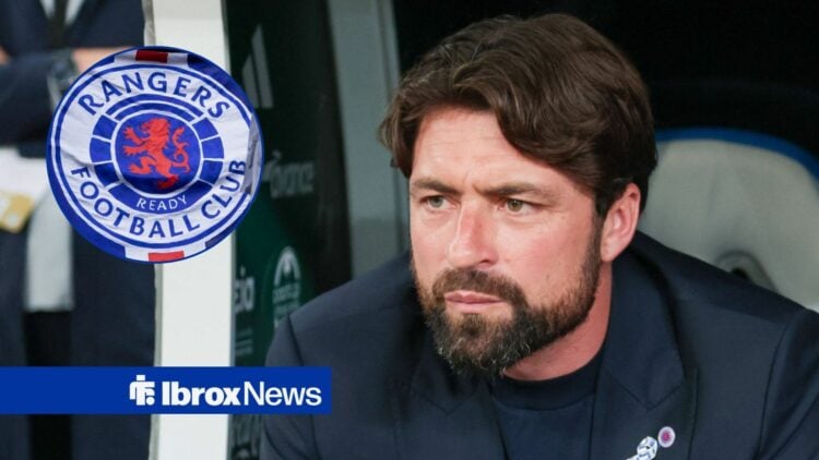 Russell Martin alongside a circle inset of the Rangers badge.