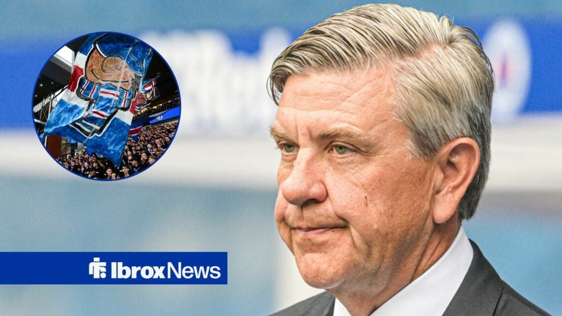 Andrew Cavenagh alongside a circle inset of Rangers fans