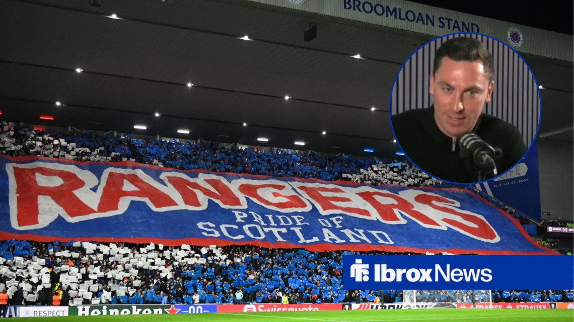 Scott Brown in a circle inset with Rangers fans at Ibrox in the background