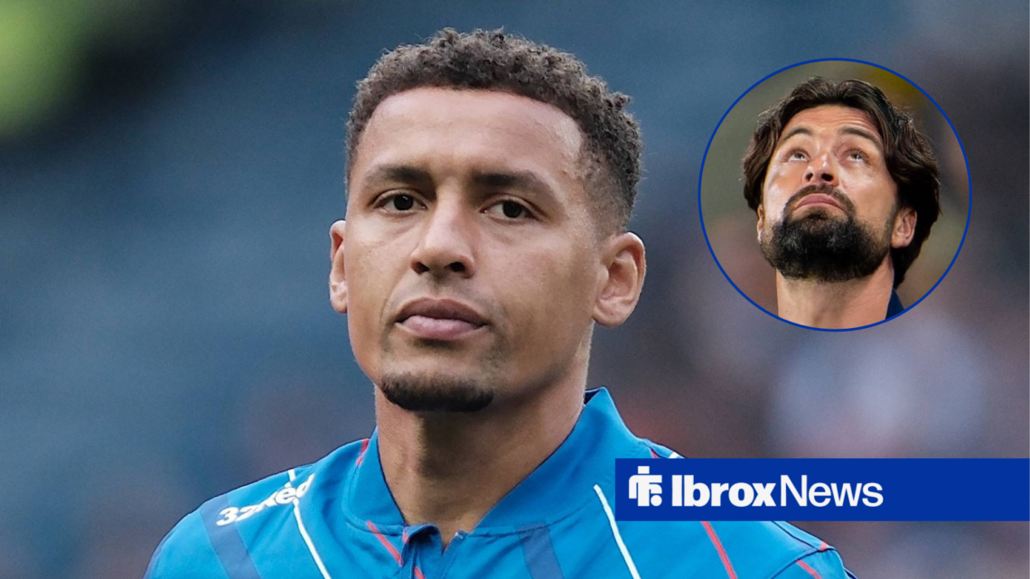Rangers captain James Tavernier with Russell Martin looking despondent inset