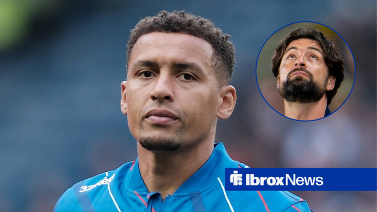 Rangers captain James Tavernier with Russell Martin looking despondent inset