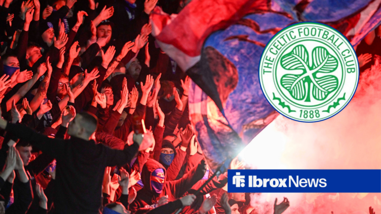 Rangers supporters celebrating, and the Celtic Badge