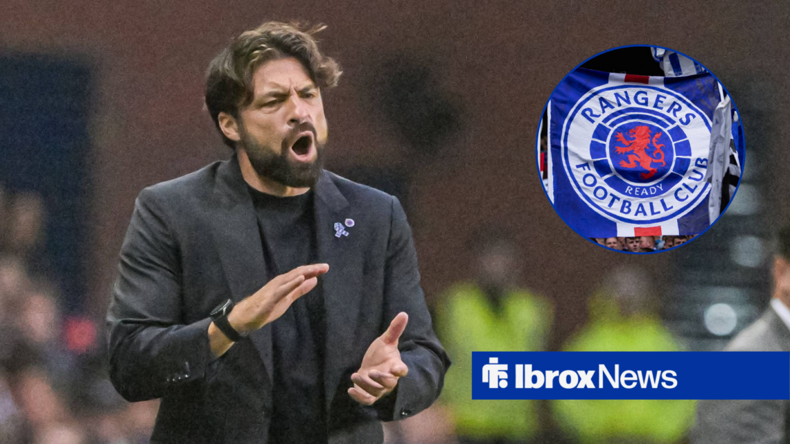 Russell Martin clapping alongside a circle inset of the Rangers badge