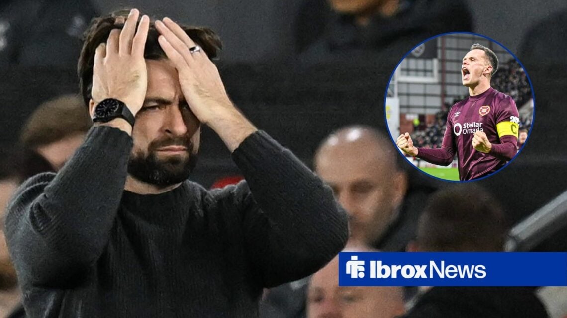 Rangers manager Russell Martin looks defeated while Hearts' Shankland celebrates