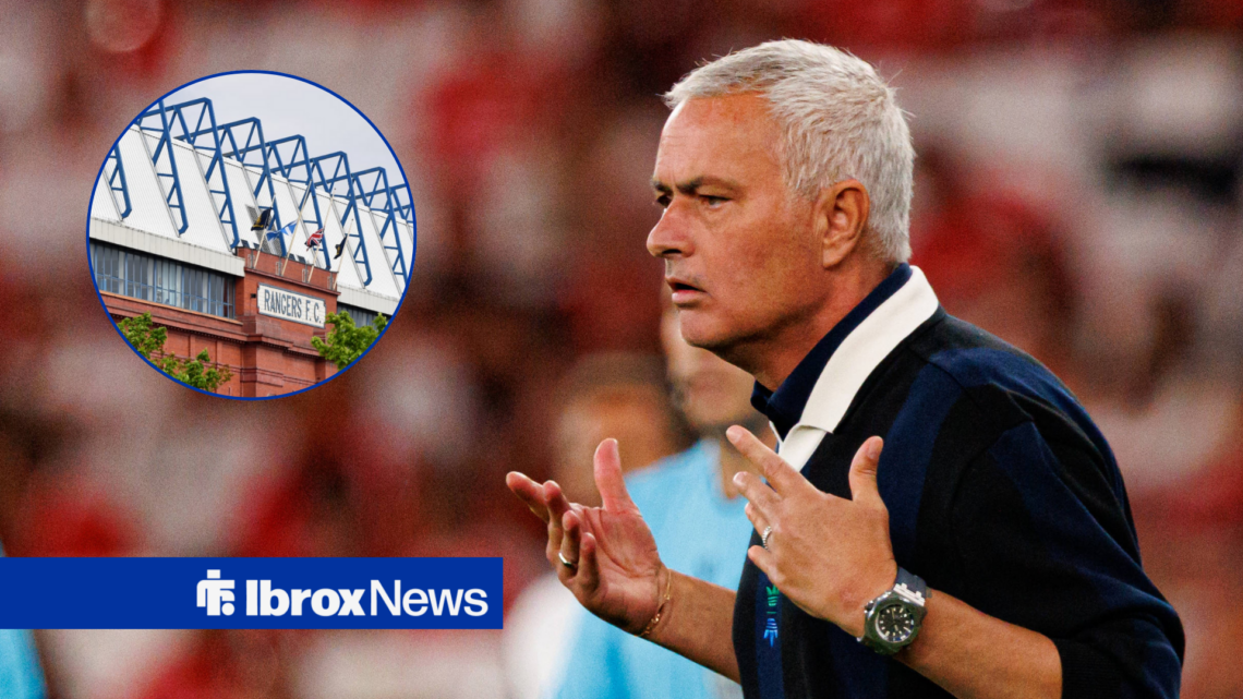 Jose Mourinho urges on his side, with Ibrox in a circular frame