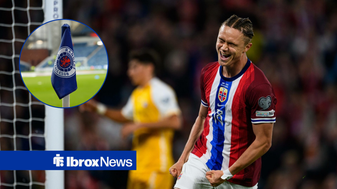 Thelo Aasgaard celebrating in a Norway kit alongside a circle inset of the Rangers corner flag.