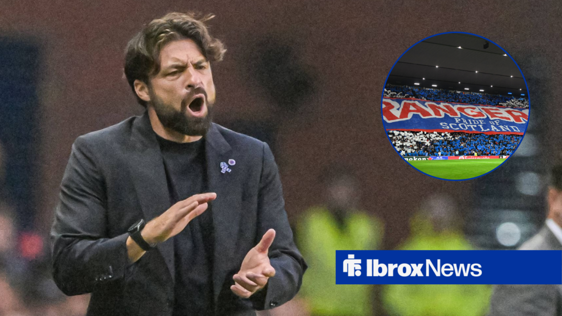 Russell martin applauding whilst stood alongside a circle inset of Rangers fans at Ibrox