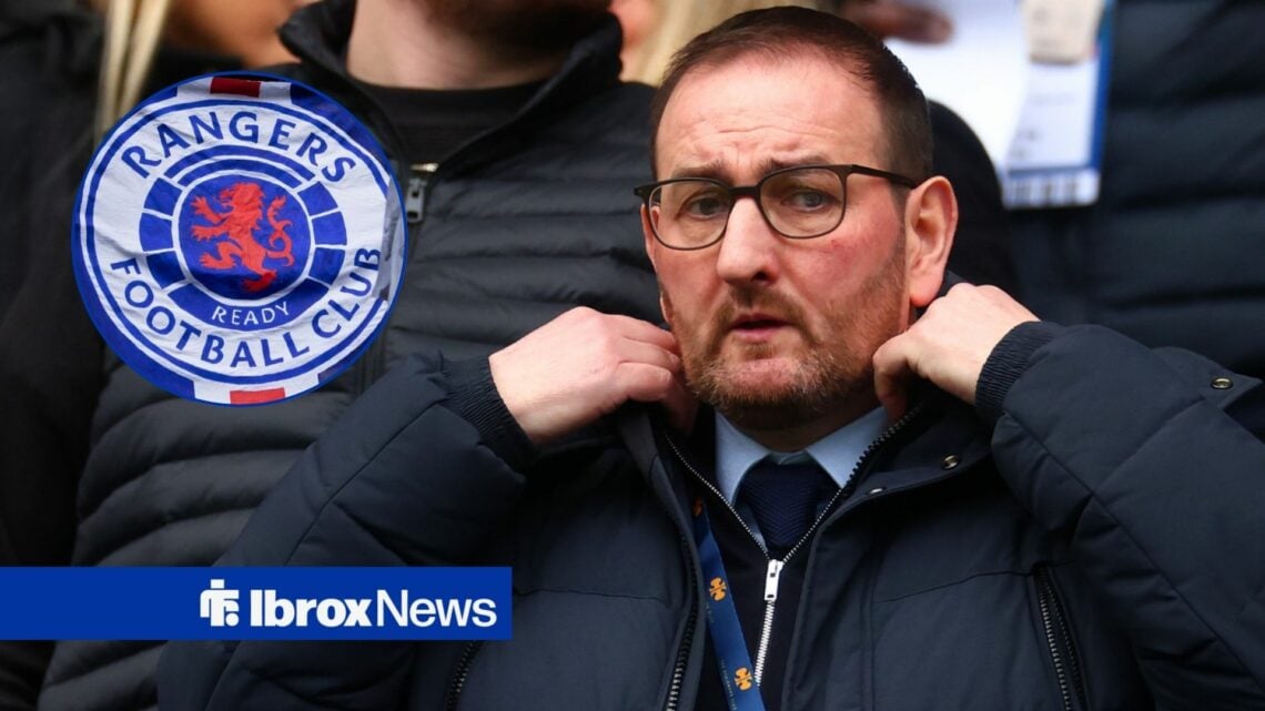 Kevin Thelwell alongside a circle inset of the Rangers badge.