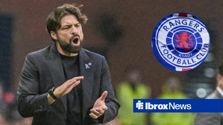 Russell Martin alongside a circle inset of the Rangers badge.