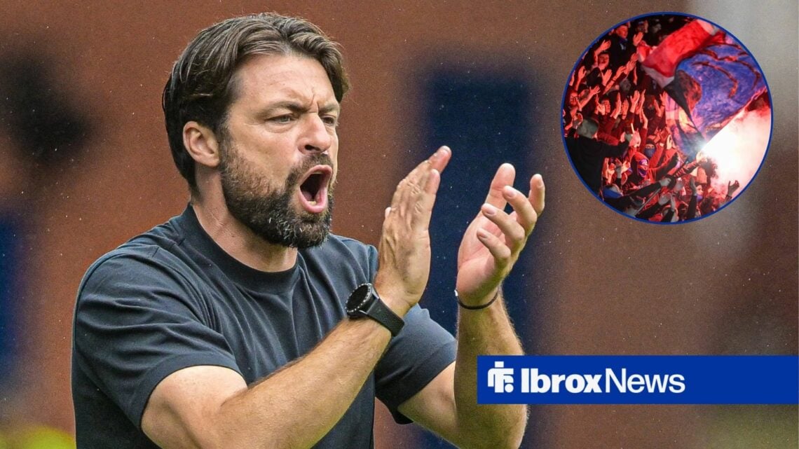 Russell Martin applauding with Rangers fans in right circular inset
