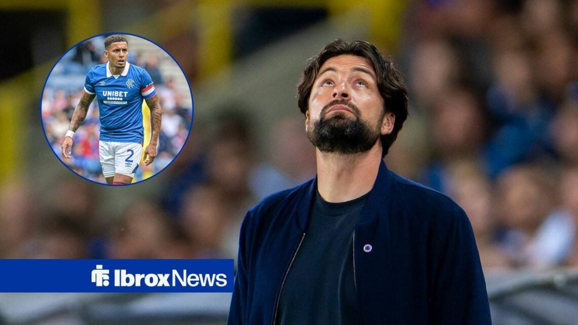 Rangers manager Russell Martin looking sad and a circle inset of James Tavernier