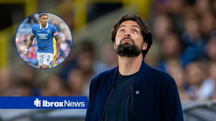 Rangers manager Russell Martin looking sad and a circle inset of James Tavernier
