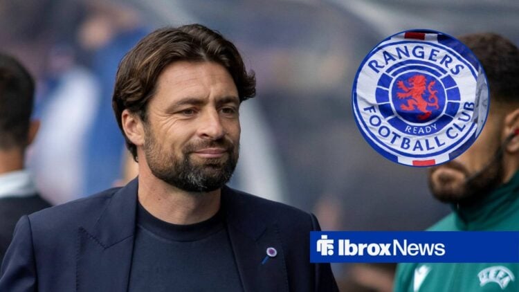 Russell Martin alongside a circle inset of the Rangers badge.