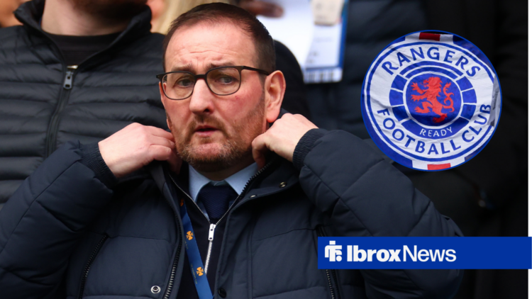 Kevin Thelwell stood alongside a circle inset of the Rangers badge