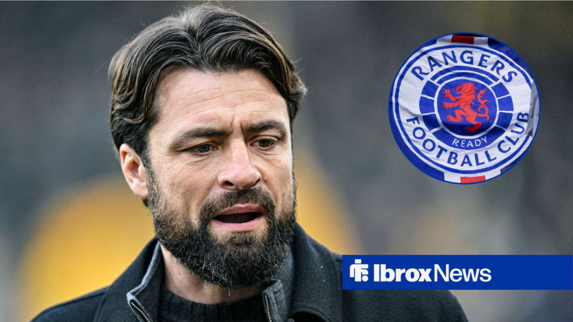 Russell Martin standing alongside a circle inset of the Rangers badge.