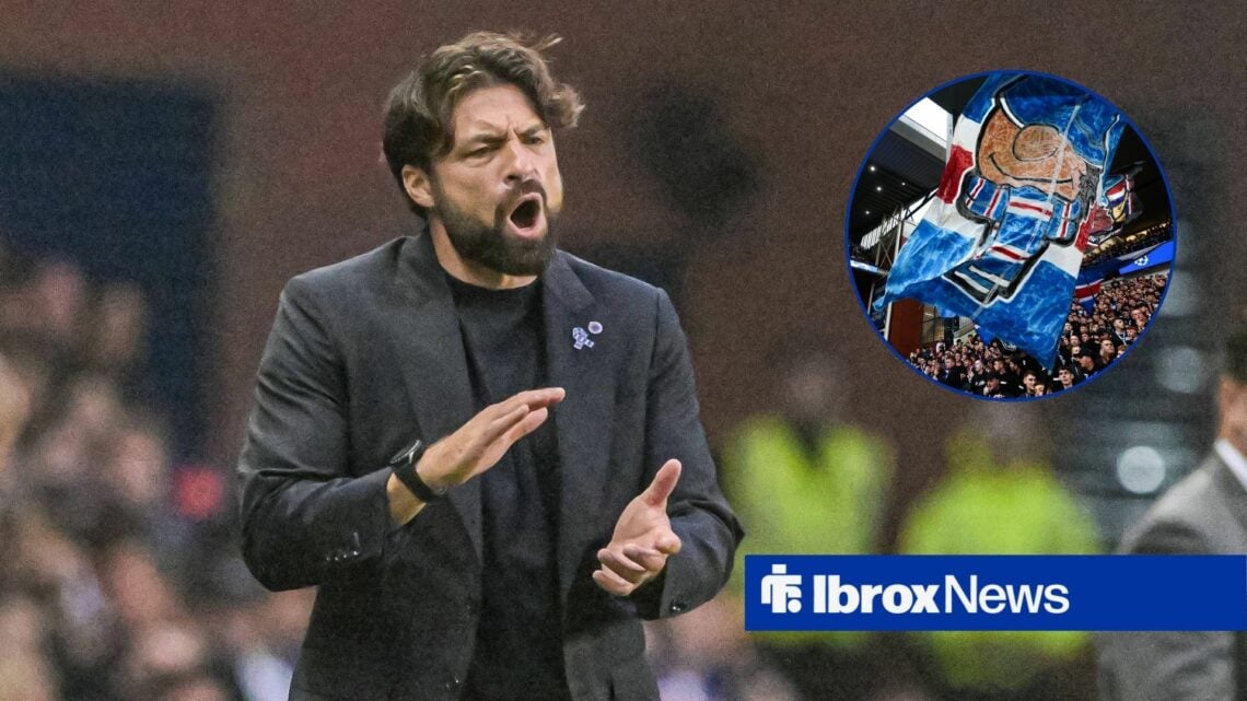 Russell Martin alongside a circle inset of Rangers fans.